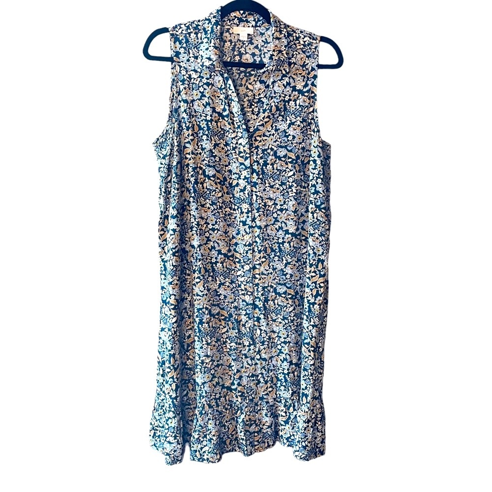 J. Jill M Short Blue floral sun dress sleeveless button down front collared - Picture 6 of 10